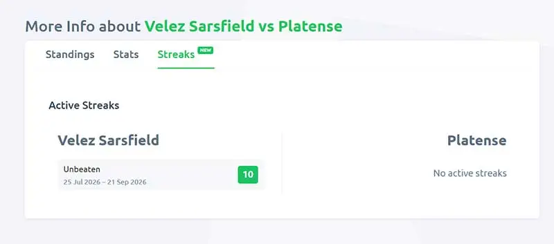 Streaks tab in single prediction