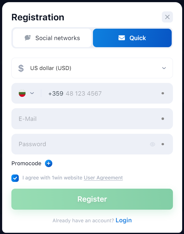 Quick registration with 1win