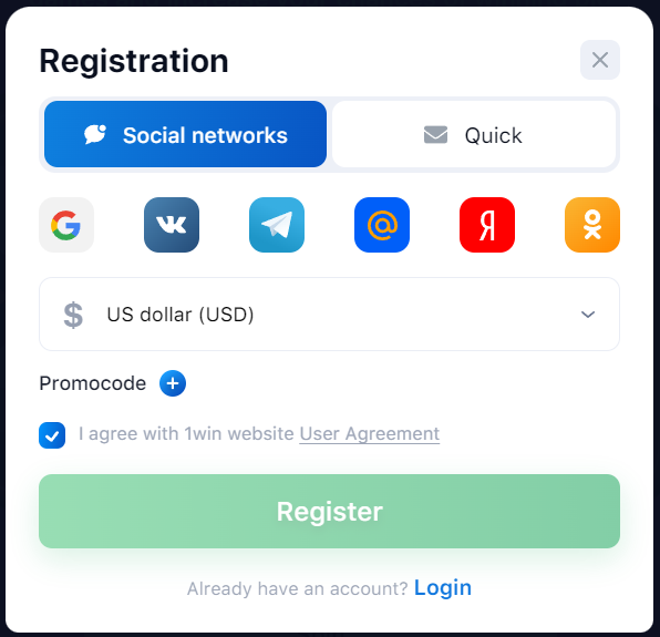 Registration via social profiles with 1win