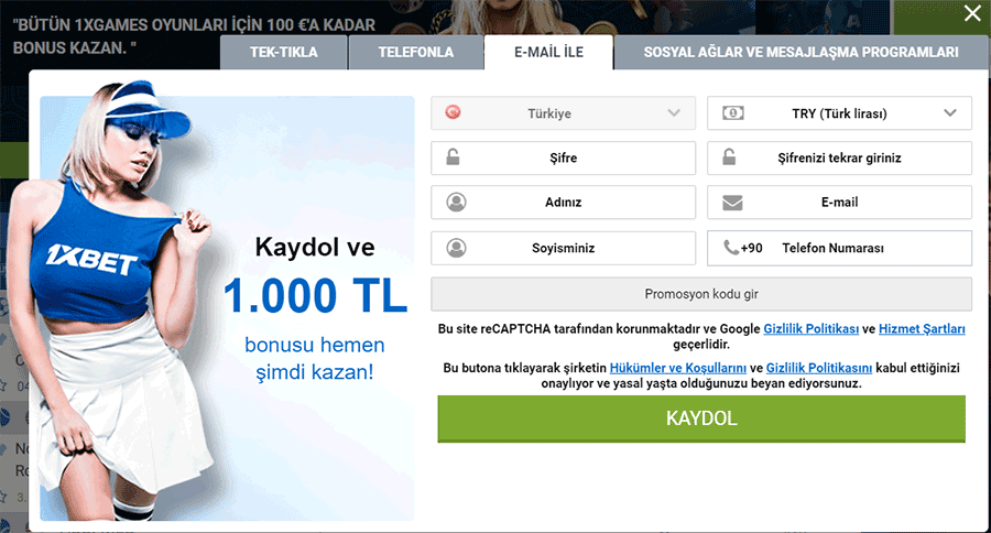 1XBET ile e-posta kaydı