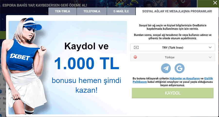 1XBET ile sosyal profiller üzerinden kayıt