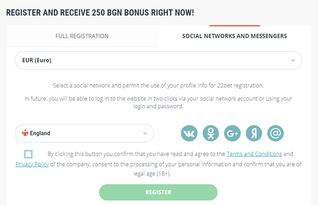Registration via social profiles with 22BET