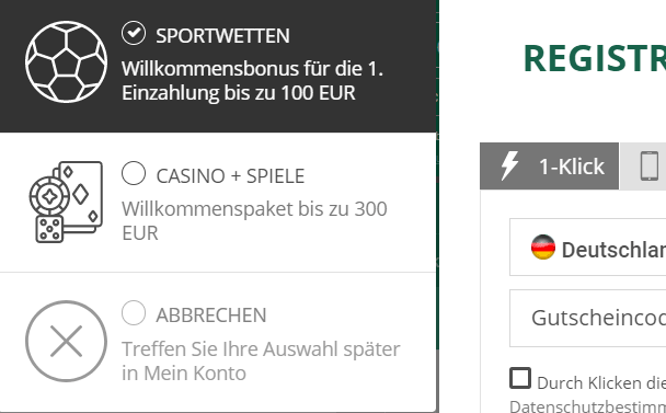 Anmeldebonus auswählen