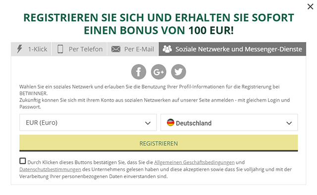 Registrierung über soziale Netzwerke beim BetWinner