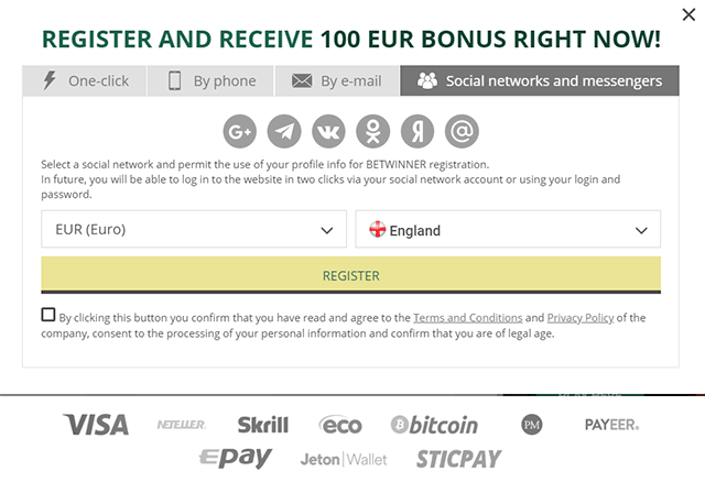 Register via social profiles with BetWinner