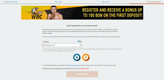 Registration via social profiles with MELbet